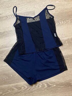 Midnight Blue & Black Lace Polka Dot Pajama Set – Women’s Size M